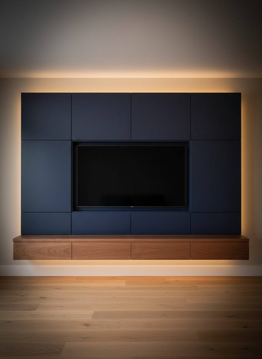 A bespoke built-in media wall showcasing custom cabinetry in a rich, deep navy lacquer with a satin sheen, paired with a warm walnut floating console. The cabinetry frames a large, black-screen television, with thin shadow reveals between each cabinet panel. Integrated LED strip lighting glows from a recessed cove above and beneath the console, casting a soft, warm light that highlights the cabinetry’s smooth surfaces and crisp edges. The room is otherwise minimal, with a pale neutral wall and wide-plank hardwood flooring. Photographic realism, straight-on composition, subtle vignette, and a calm, refined atmosphere that communicates modern sophistication and meticulous design.